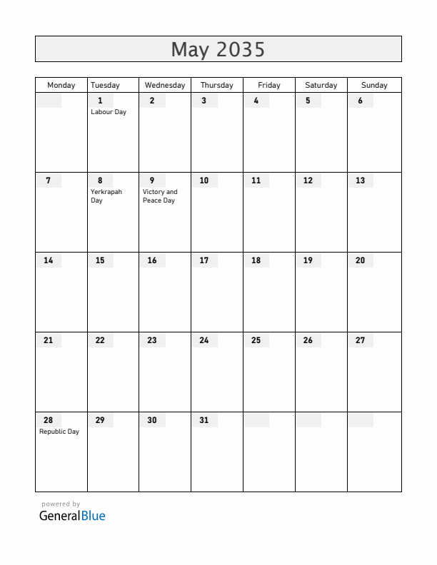 Armenia May 2035 Calendar with Holidays