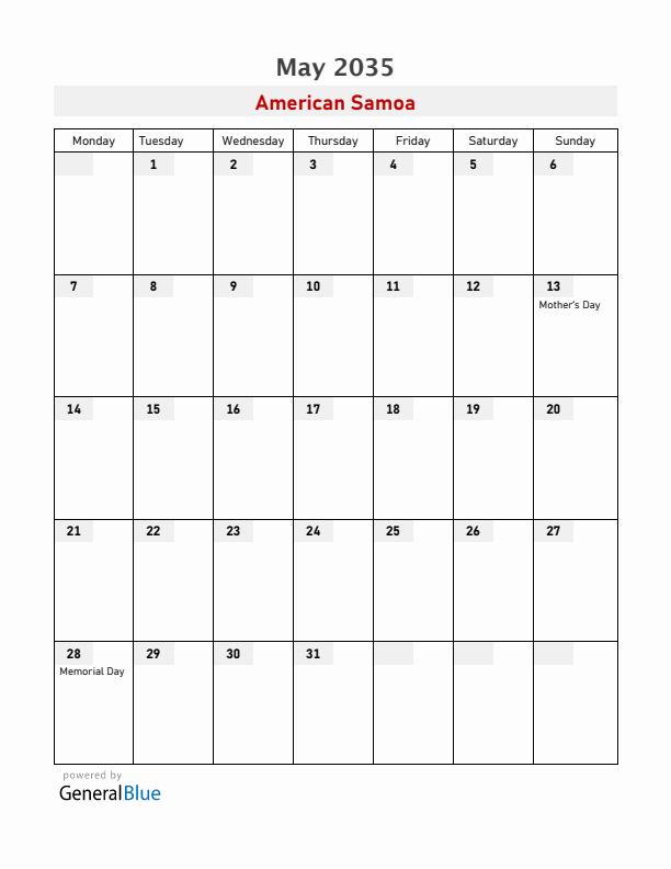 American Samoa May 2035 Calendar with Holidays