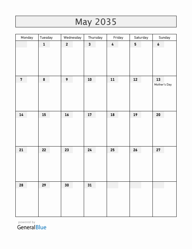 Australia May 2035 Calendar with Holidays