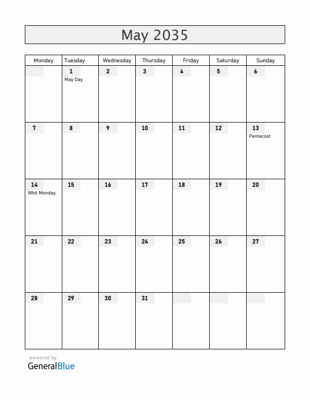 Barbados May 2035 Calendar with Holidays