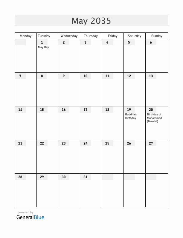 Bangladesh May 2035 Calendar with Holidays