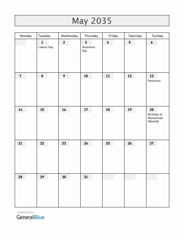 Burkina Faso May 2035 Calendar with Holidays