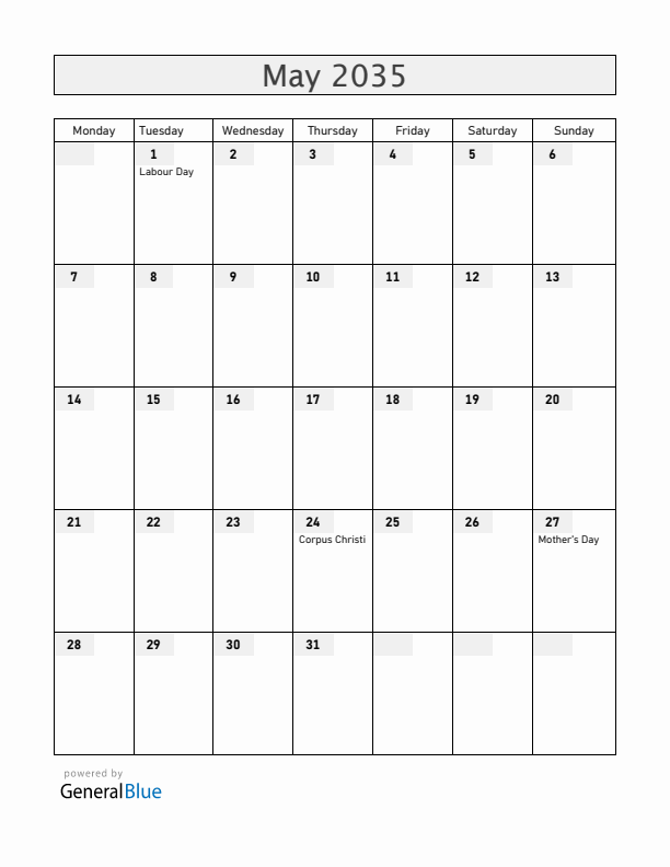 Bolivia May 2035 Calendar with Holidays