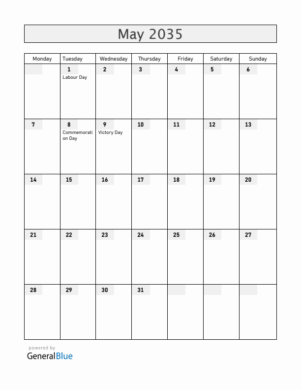 Belarus May 2035 Calendar with Holidays