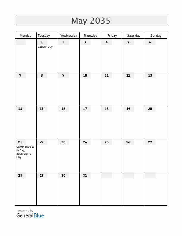 Belize May 2035 Calendar with Holidays