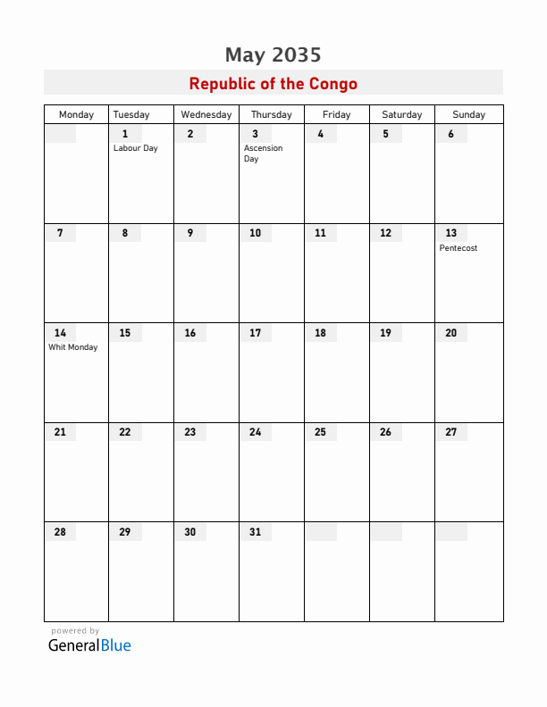 Republic of the Congo May 2035 Calendar with Holidays