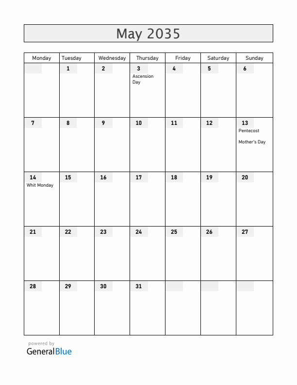 Switzerland May 2035 Calendar with Holidays