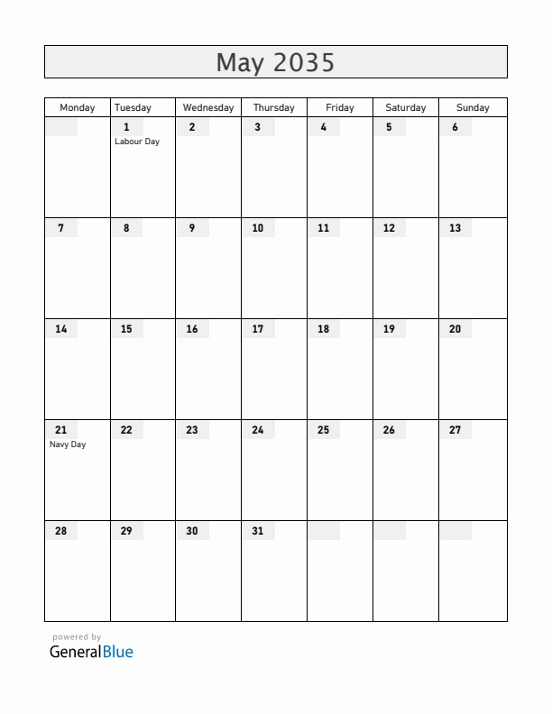 Chile May 2035 Calendar with Holidays