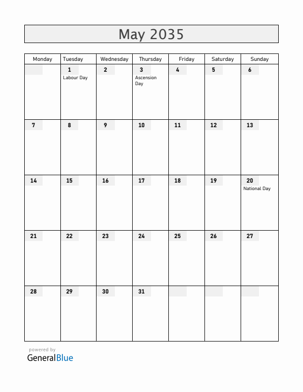 Cameroon May 2035 Calendar with Holidays