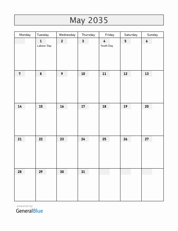 China May 2035 Calendar with Holidays