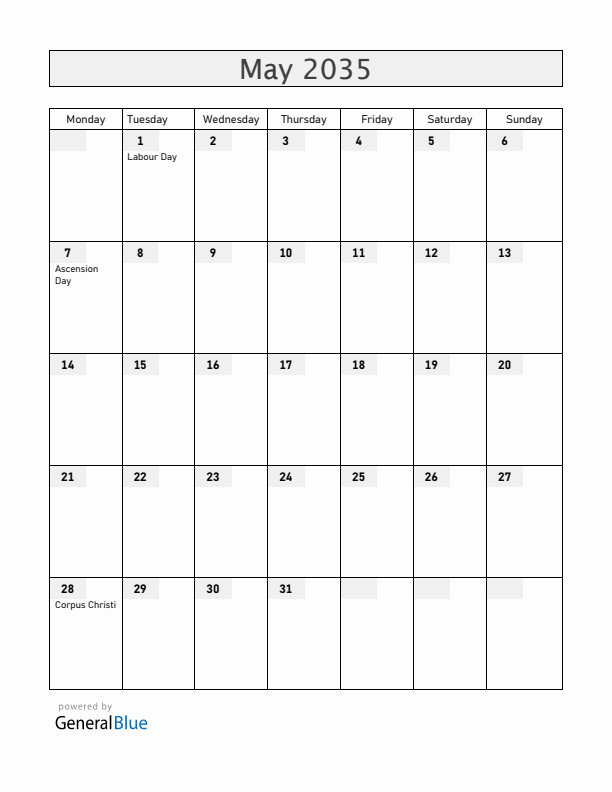 Colombia May 2035 Calendar with Holidays