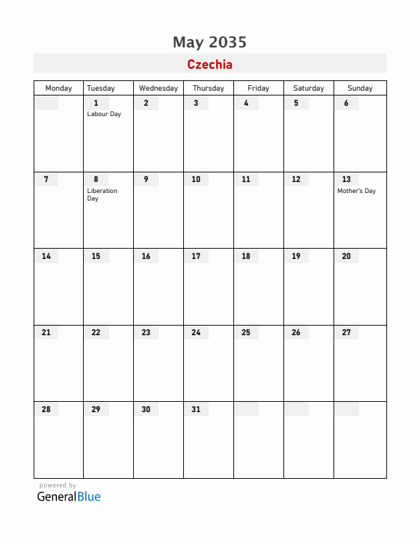 Czechia May 2035 Calendar with Holidays