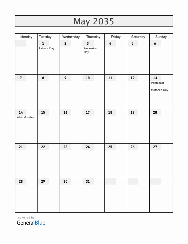 Denmark May 2035 Calendar with Holidays