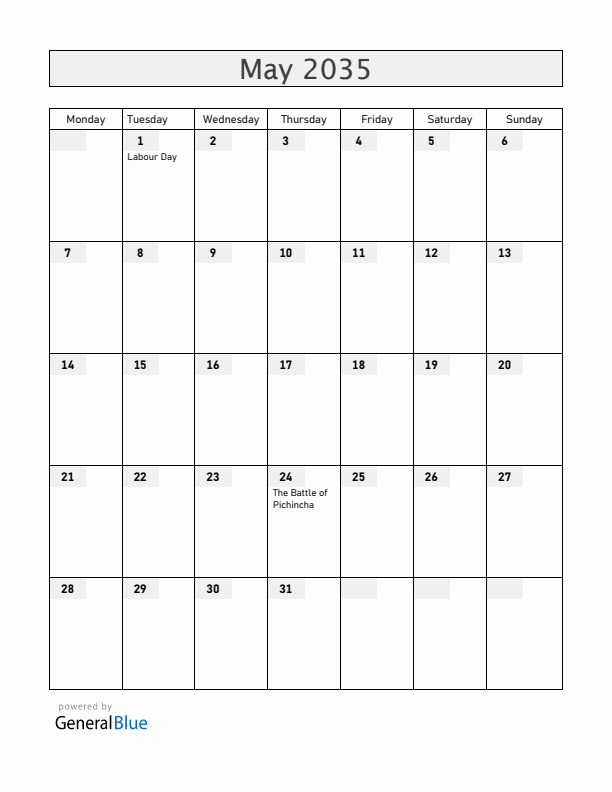Ecuador May 2035 Calendar with Holidays