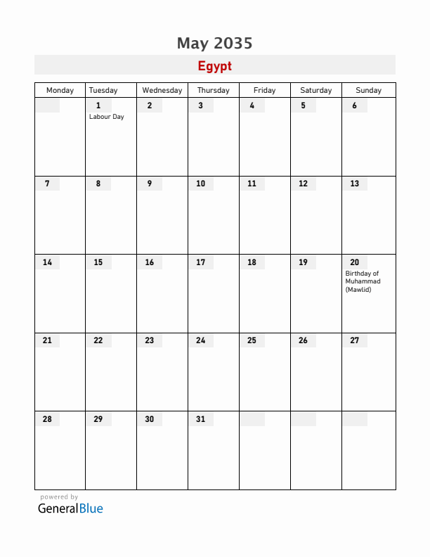 Egypt May 2035 Calendar with Holidays