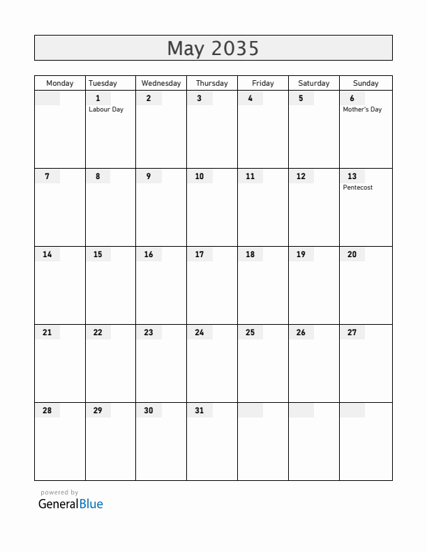 Spain May 2035 Calendar with Holidays