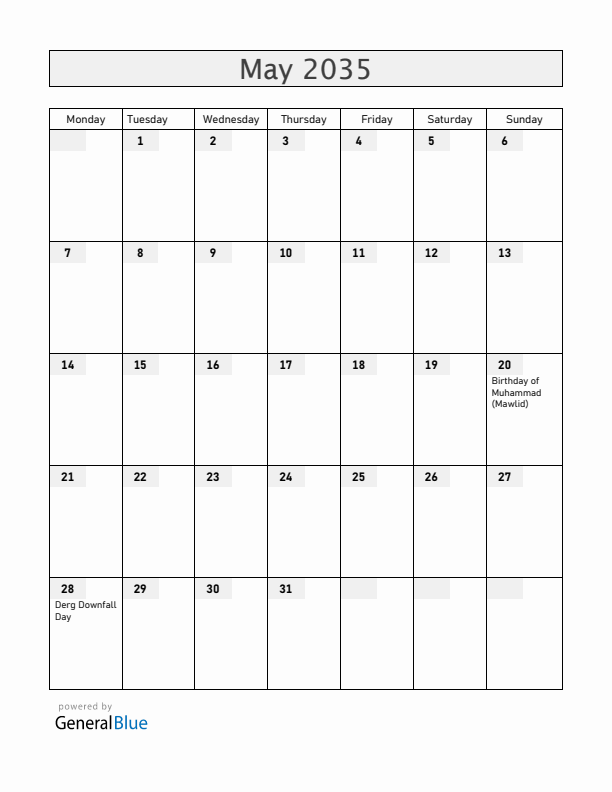 Ethiopia May 2035 Calendar with Holidays