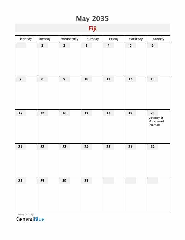 Fiji May 2035 Calendar with Holidays