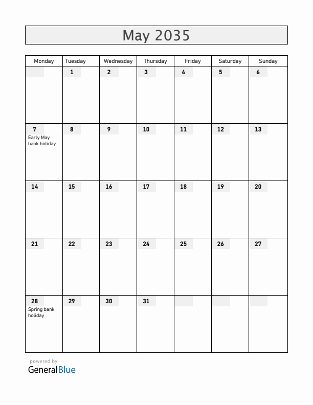 United Kingdom May 2035 Calendar with Holidays
