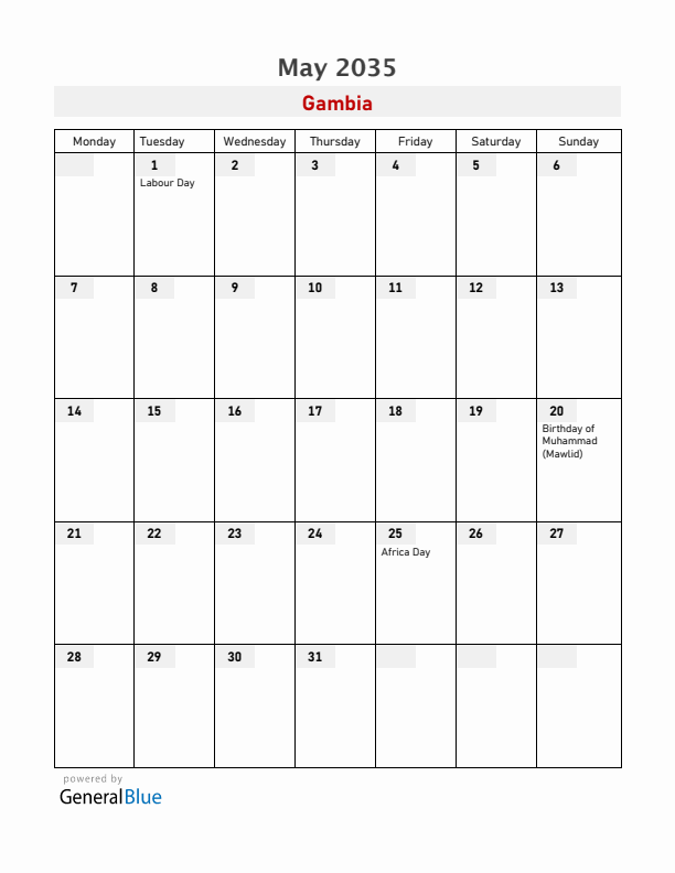 Gambia May 2035 Calendar with Holidays