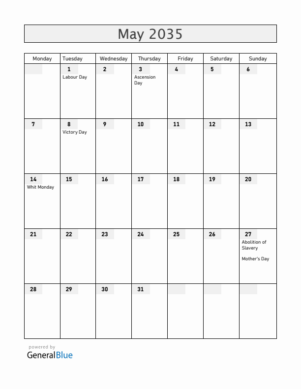 Guadeloupe May 2035 Calendar with Holidays