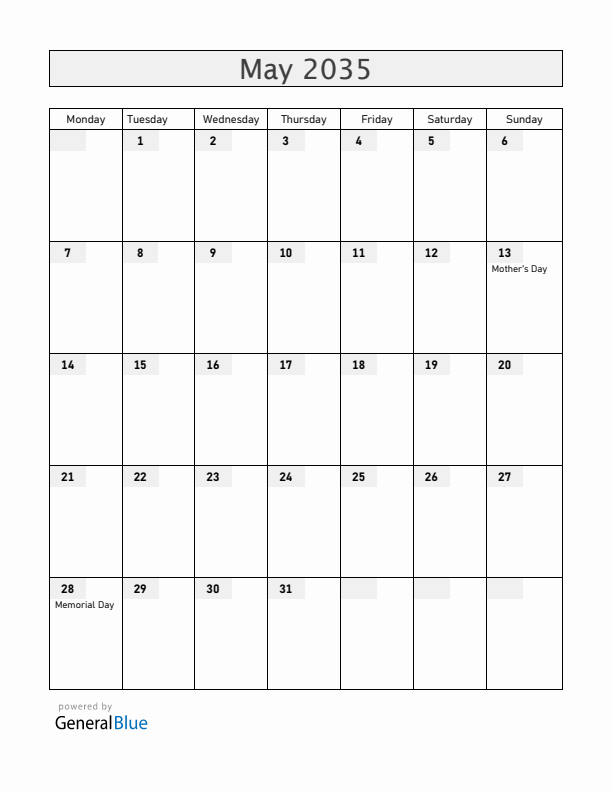 Guam May 2035 Calendar with Holidays
