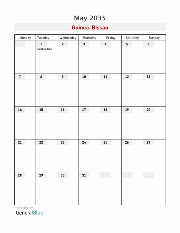 Guinea-Bissau May 2035 Calendar with Holidays