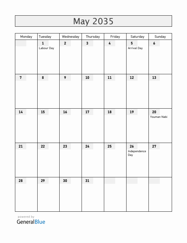 Guyana May 2035 Calendar with Holidays