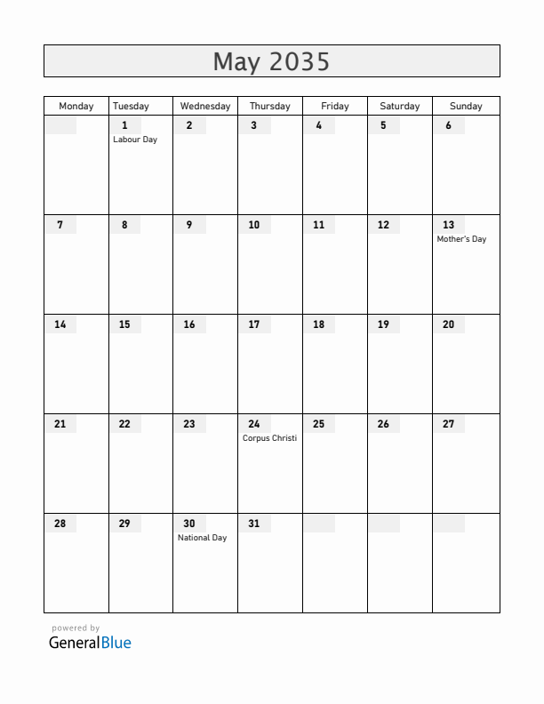 Croatia May 2035 Calendar with Holidays