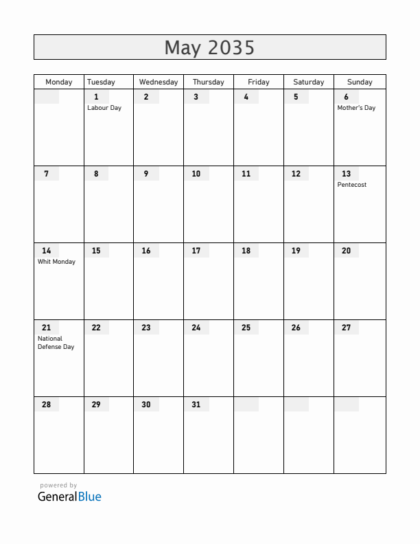 Hungary May 2035 Calendar with Holidays