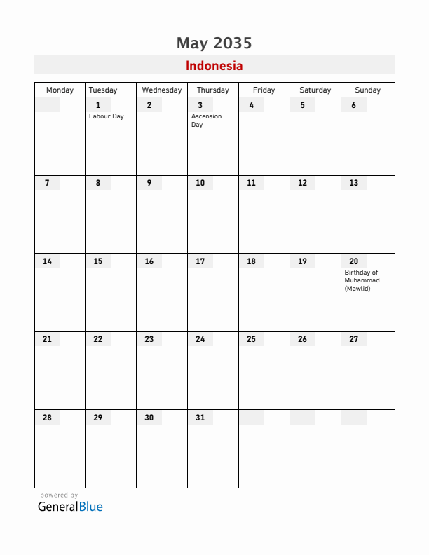 Indonesia May 2035 Calendar with Holidays