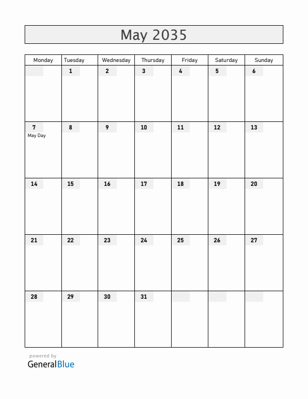 Ireland May 2035 Calendar with Holidays