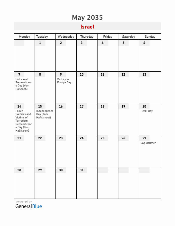 Israel May 2035 Calendar with Holidays