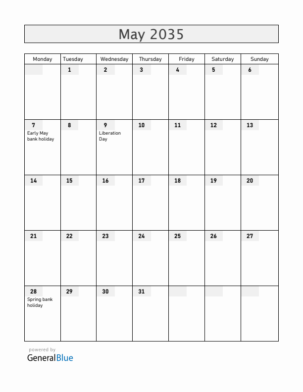 Jersey May 2035 Calendar with Holidays