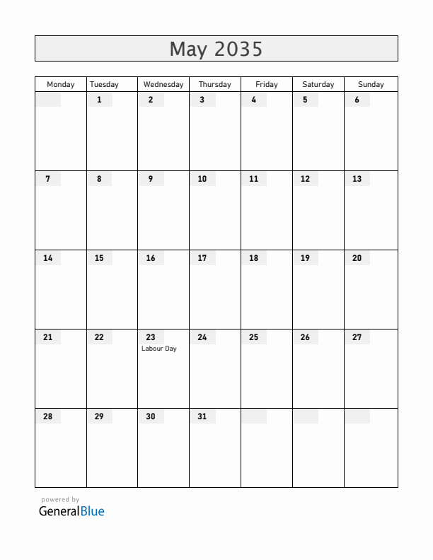 Jamaica May 2035 Calendar with Holidays