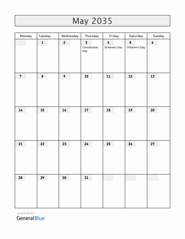 Japan May 2035 Calendar with Holidays