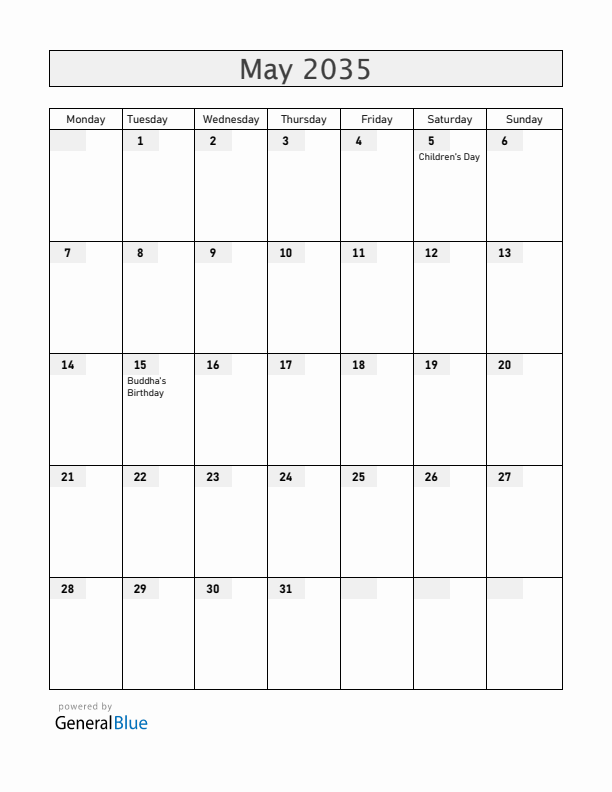 South Korea May 2035 Calendar with Holidays