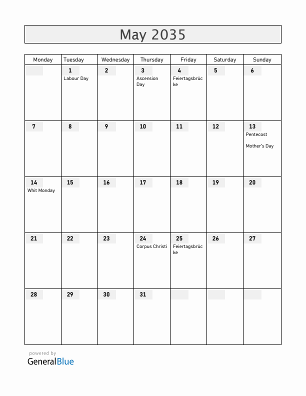 Liechtenstein May 2035 Calendar with Holidays