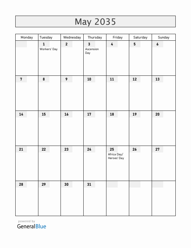 Lesotho May 2035 Calendar with Holidays