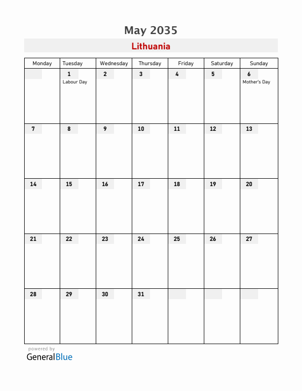 Lithuania May 2035 Calendar with Holidays