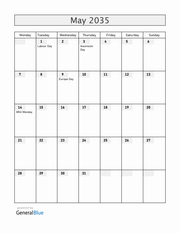 Luxembourg May 2035 Calendar with Holidays