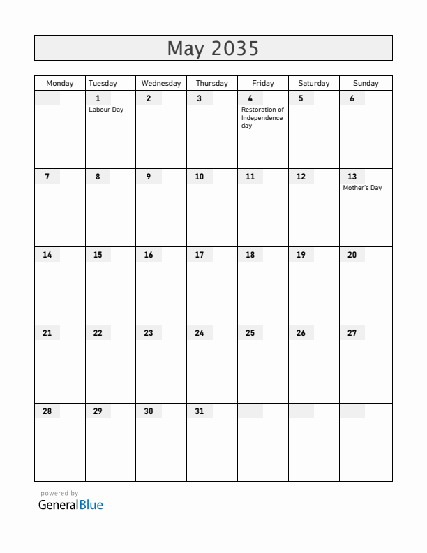 Latvia May 2035 Calendar with Holidays
