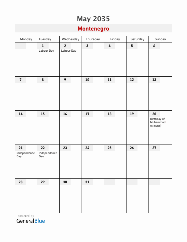 Montenegro May 2035 Calendar with Holidays