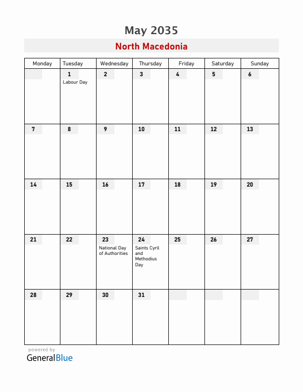 North Macedonia May 2035 Calendar with Holidays