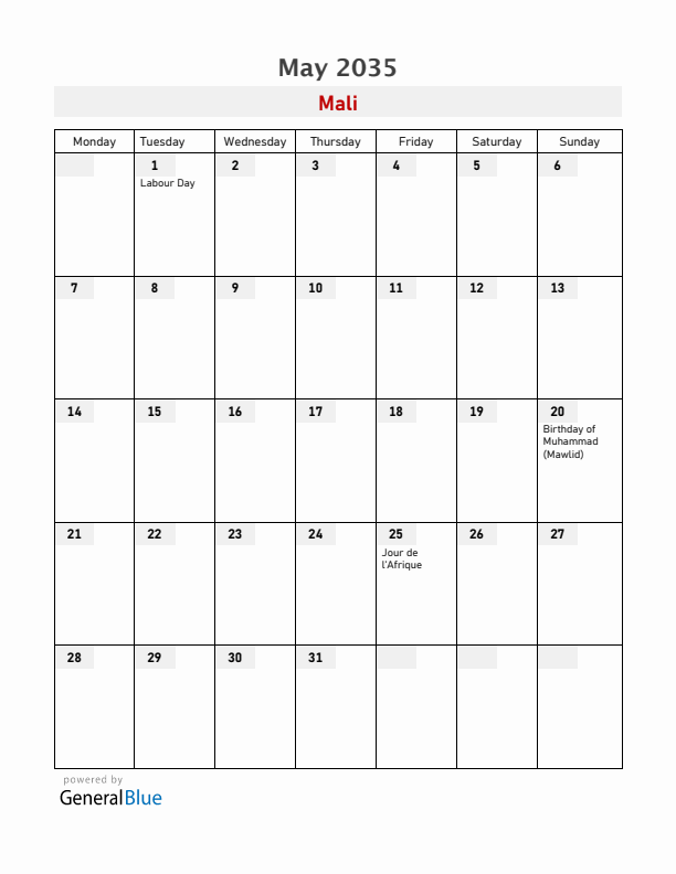 Mali May 2035 Calendar with Holidays