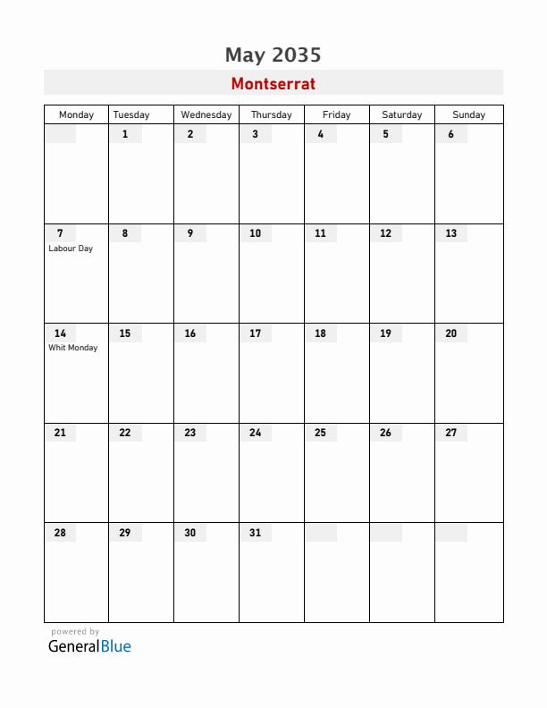 Montserrat May 2035 Calendar with Holidays