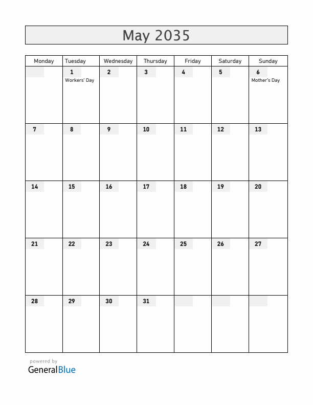 Mozambique May 2035 Calendar with Holidays