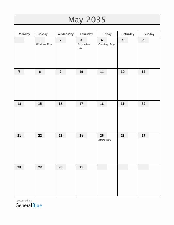 Namibia May 2035 Calendar with Holidays