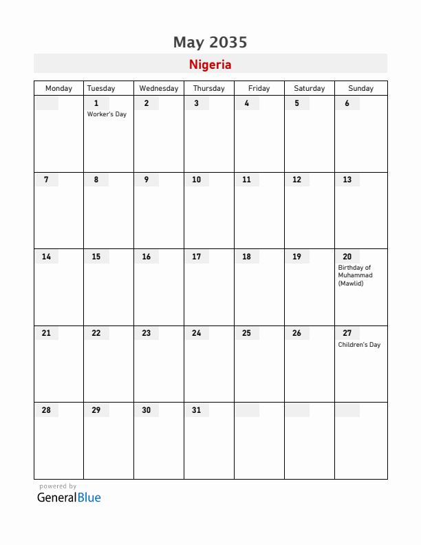Nigeria May 2035 Calendar with Holidays