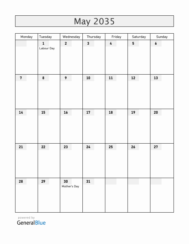 Nicaragua May 2035 Calendar with Holidays